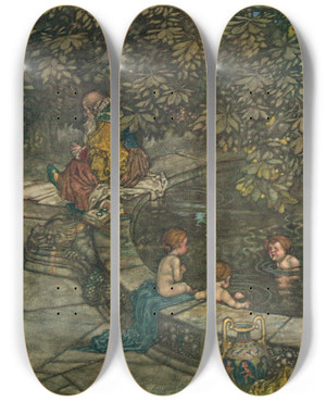 Triptych art skateboard deck of William Heath Robinson He Was Always At Hand by William Heath Robinson (1872-1944)