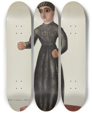 Triptych art skateboard deck of Majel G Claflin Friar Probably A Santo by Majel G Claflin (1893-1941)