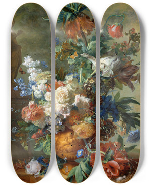 Triptych art skateboard deck of Jan Van Huysum Still Life With Flowers by Jan Van Huysum (1682-1749)