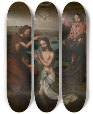 Triptych art skateboard deck of Marcellus Coffermans The Baptism Of Christ by Marcellus Coffermans (1520-1578)