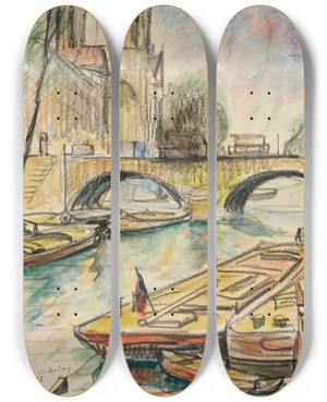 Triptych art skateboard deck of Pierre De Belay Notredame Et Le Pont Saintmichel by Pierre de Belay (1890-1947)