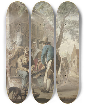 Triptych art skateboard deck of Hermanus Van Brussel Vor Einem Hause Bietet Ein Bauer Mit Einem Korb Seine Erzeugnisse Zum Kauf An Vorn Links Ein Hund Im Hintergrund Ein Betteljunge by Hermanus Van Brussel (1763-1815)