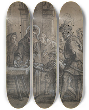 Triptych art skateboard deck of Circle Of Erasmus Quellinus Ii St Francis Of Paula Reviving Cookedfish by Circle Of Erasmus Quellinus Ii (1607-1678)