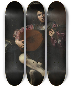 Triptych art skateboard deck of Valentin De Boulogne Lute Player by Valentin De Boulogne (1594-1632)