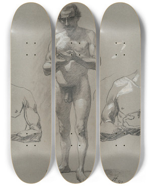 Triptych art skateboard deck of Jozef Hanula Study Of A Standing Male Nude_2 by Jozef Hanula (1863-1944)