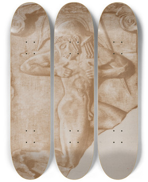 Triptych art skateboard deck of Johan Rohde Vbenlberen Grsk Relief by Johan Rohde (1856-1935)