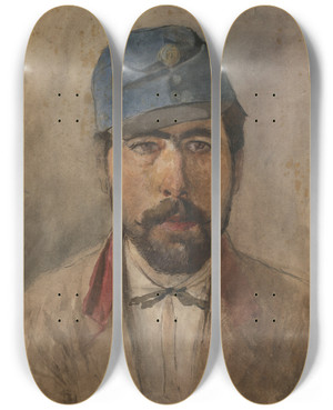 Triptych art skateboard deck of Ladislav Mednynszky Portrait Of A Soldier In A Blue Cap by Ladislav Mednyanszky (1852-1919) Triptych art skateboard deck of Ladislav Mednynszky Portrait Of A Soldier In A Blue Cap by Ladislav Mednyanszky (1852-1919)