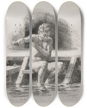Triptych art skateboard deck of Carl Bloch The Bathing Man by Carl Bloch (1834-1890)