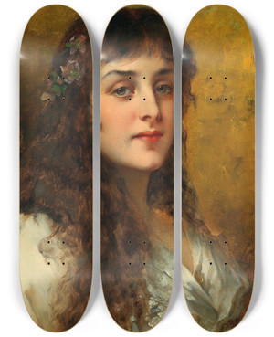 Triptych art skateboard deck of Conrad Kiesel Bildnis Einer Dame Mit Schneerosen Im Haar by Conrad Kiesel (1846-1921)