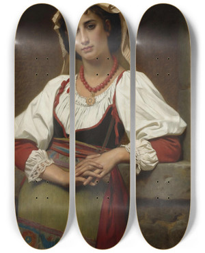 Triptych art skateboard deck of Hugues Merle The Neapolitan Girl by Hugues Merle (1823-1881)