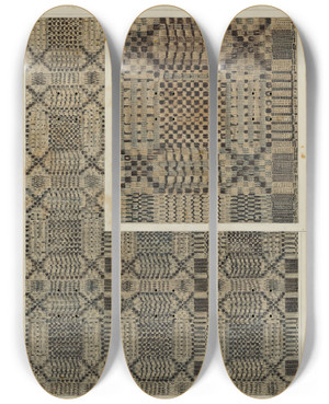 Triptych art skateboard deck of Manuel G Runyan Woven Coverlet by Manuel G Runyan