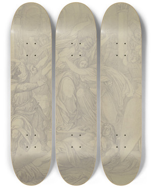 Triptych art skateboard deck of Ferdinand Fellner Kriemhilds Klage Um Die Leiche Siegfrieds by Ferdinand Fellner (1799-1859)