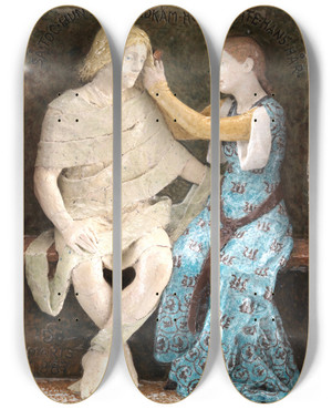 Triptych art skateboard deck of Niels Skovgaard Aage And Else Seated Couple by Niels Skovgaard (1858-1938)