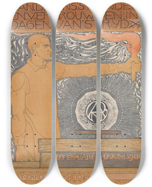Triptych art skateboard deck of Richard Nicolas Roland Holst Man Die Een Fakkel Vasthoudt by Richard Nicolaus Roland Holst (1868-1938)