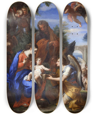 Triptych art skateboard deck of Giuseppe Bartolomeo Chiari The Rest On The Flight Into Egypt_2 by Giuseppe Bartolomeo Chiari (1654-1727)