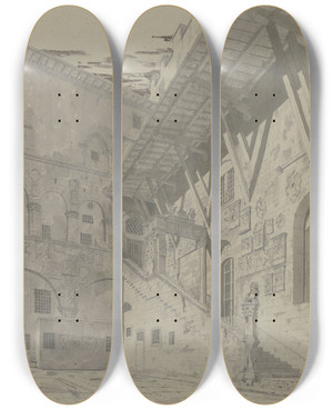 Triptych art skateboard deck of Friedrich Wilhelm Ludwig Hof Des Bargello In Florenz by Friedrich Wilhelm Ludwig (1828)