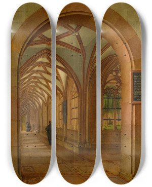 Triptych art skateboard deck of Johann Jakob Neustck View Into The Cloister Of The Cathedral Of Basel by Johann Jakob Neustuck (1800-1867)