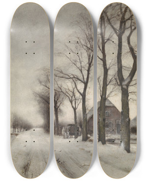 Triptych art skateboard deck of Louis Apol Winterlandschap Met Boerderij Aan Een Laan by Louis Apol (1850-1936)