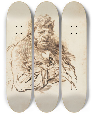 Triptych art skateboard deck of Paul Gavarni Head Of An Old Man by Paul Gavarni (1804-1866)
