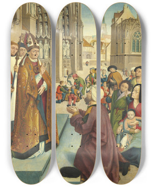 Triptych art skateboard deck of Master Of Saint Giles And Assistant Episodes From The Life Of A Bishop Saint by Master of Saint Giles and Assistant (16-)