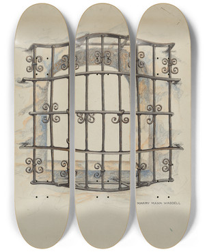 Triptych art skateboard deck of Harry Mann Waddell Iron Grille At Window Restoration Drawing by Harry Mann Waddell (1876-1956)