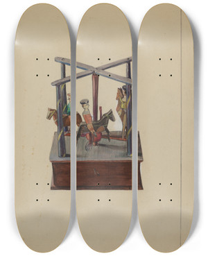 Triptych art skateboard deck of Mina Lowry Pa German Toy Merrygoround by Mina Lowry (1894-1942)