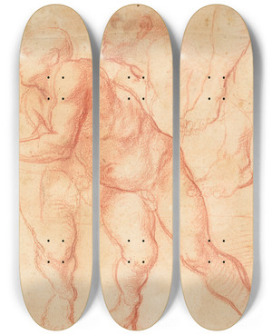 Triptych art skateboard deck of Giovanni Battista Naldini Studies Of A Male Nude by Giovanni Battista Naldini (1535-1591)