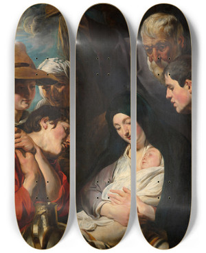 Triptych art skateboard deck of Jacob Jordaens The Adoration Of The Shepherds_2 by Jacob Jordaens (1593-1678)