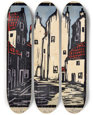 Triptych art skateboard deck of Jacques Jeichienus Ottens Huisjes In Den Haag by Jacques Jeichienus Ottens (1895-1930)