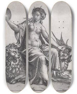 Triptych art skateboard deck of Marcantonio Raimondi Prudence_1 by Marcantonio Raimondi (1470-1527)
