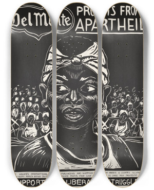 Triptych art skateboard deck of Rachael Romero Del Monte Profits From Apartheid by Rachael Romero (1953)