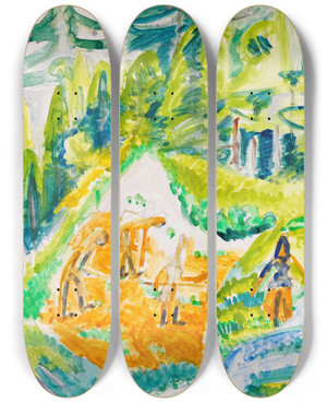 Triptych art skateboard deck of Ernst Ludwig Kirchner Davoser Landschaft Mit Bergbauern by Ernst Ludwig Kirchner (1880-1938)