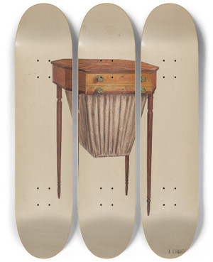 Triptych art skateboard deck of Florence Choate Sewing Table by Florence Choate