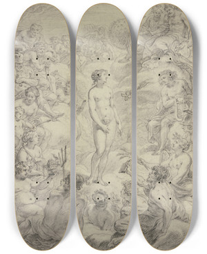 Triptych art skateboard deck of Abraham Van Diepenbeeck Pandora In Olympus by Abraham Van Diepenbeeck (1596-1675)