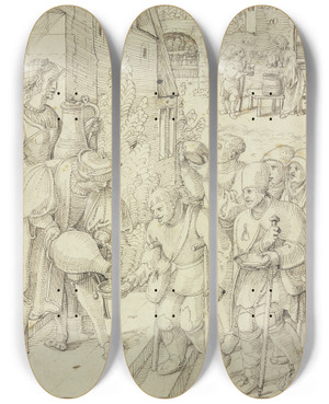 Triptych art skateboard deck of Pieter Cornelisz Kunst Krppel Und Bettler Werden Gespeist Und Getrnkt by Pieter Cornelisz Kunst (1489-1560)
