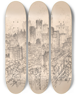 Triptych art skateboard deck of Joseph Pennell Skyscrapers From The Gladstone by Joseph Pennell (1857-1926) Triptych art skateboard deck of Joseph Pennell Skyscrapers From The Gladstone by Joseph Pennell (1857-1926)