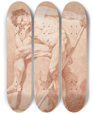Triptych art skateboard deck of Edm Bouchardon Academy Of A Seated Nude Holding A Staff by Edme Bouchardon (1698-1762)
