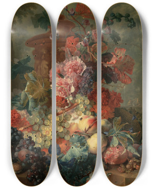 Triptych art skateboard deck of Jan Van Huysum Fruit Piece by Jan Van Huysum (1682-1749)