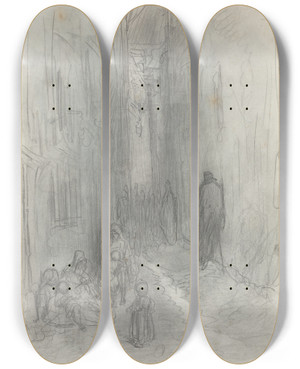 Triptych art skateboard deck of Gustave Dor A Backstreet In London by Gustave Dore (1832-1883)