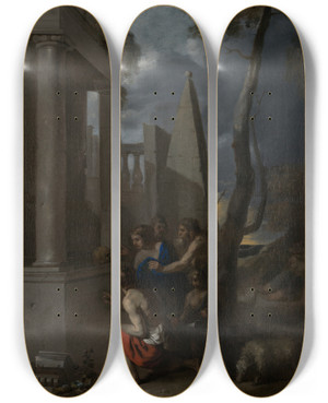 Triptych art skateboard deck of Sbastien Bourdon Et In Arcadiaego by Sebastien Bourdon (1616-1671)