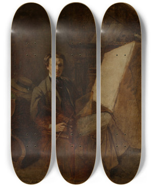Triptych art skateboard deck of Eduard Hunziker Selbstbildnis Vor Der Staffelei by Eduard Hunziker
