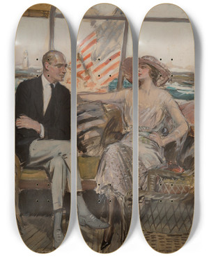 Triptych art skateboard deck of Clarence F Underwood The Cruise by Clarence F Underwood (1871-1929)