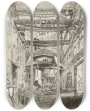 Triptych art skateboard deck of Joseph Pennell Building The Great Turret by Joseph Pennell (1857-1926)