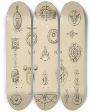 Triptych art skateboard deck of Martin Gerlach Ii Jahrgang Liefr I 3 Seventeen Designs For Jewelry Including Brooch With Question Mark by Martin Gerlach (1846-1918)