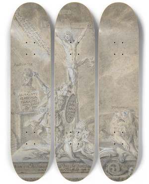 Triptych art skateboard deck of Johann Elias Ridinger Allegory Of Christian Virtues by Johann Elias Ridinger (1698-1767)