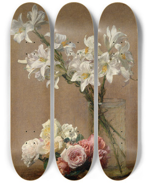 Triptych art skateboard deck of Henri Fantinlatour Roses And Lilies by Henri Fantin-Latour (1836-1904)