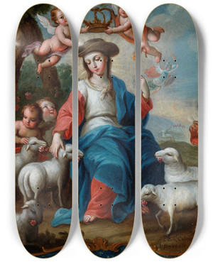 Triptych art skateboard deck of Miguel Cabrera The Divine Shepherdess by Miguel Cabrera (1695-1768)