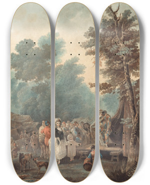 Triptych art skateboard deck of Charlesmelchior Descourtis Foire De Village by Charles-Melchior Descourtis (1753-1820)