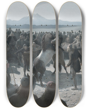 Triptych art skateboard deck of August Malmstrm The Horsefight At Hlidarendi by August Malmstrom (1829-1901)