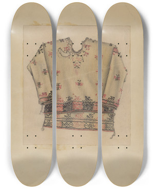 Triptych art skateboard deck of Michael Trekur Embroidered Womans Dress by Michael Trekur